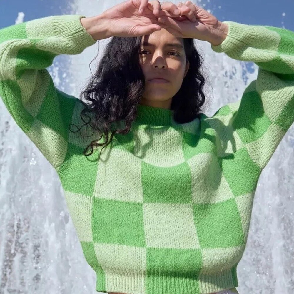 STINE GOYA Adonis Green Checkered Sweater